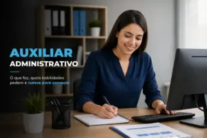 Mulher no escritório escrevendo, auxiliar administrativo