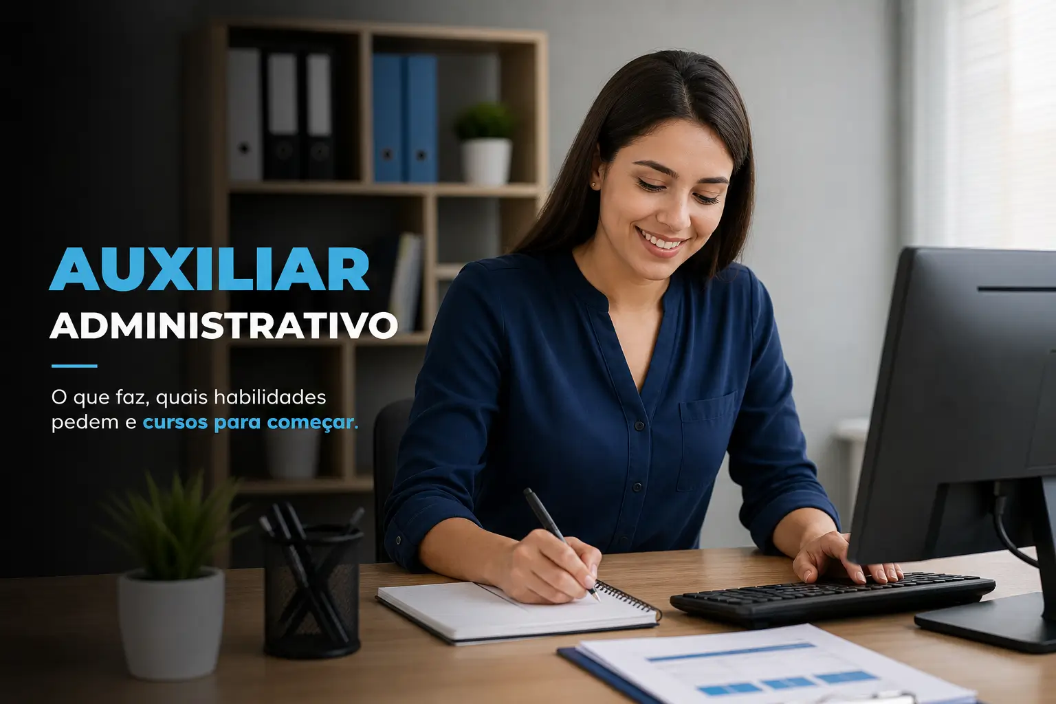 Mulher no escritório escrevendo, auxiliar administrativo