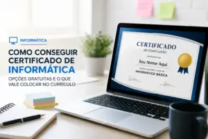 Certificado de Conclusão em um laptop com texto sobre informática