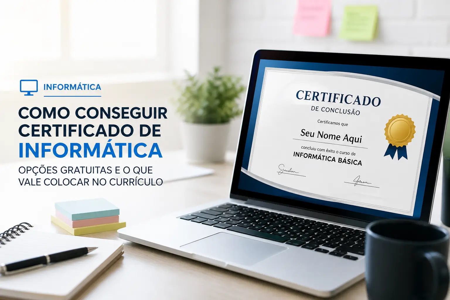Certificado de Conclusão em um laptop com texto sobre informática