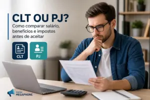 Homem analisa CLT vs PJ com laptop e calculadora, 2026