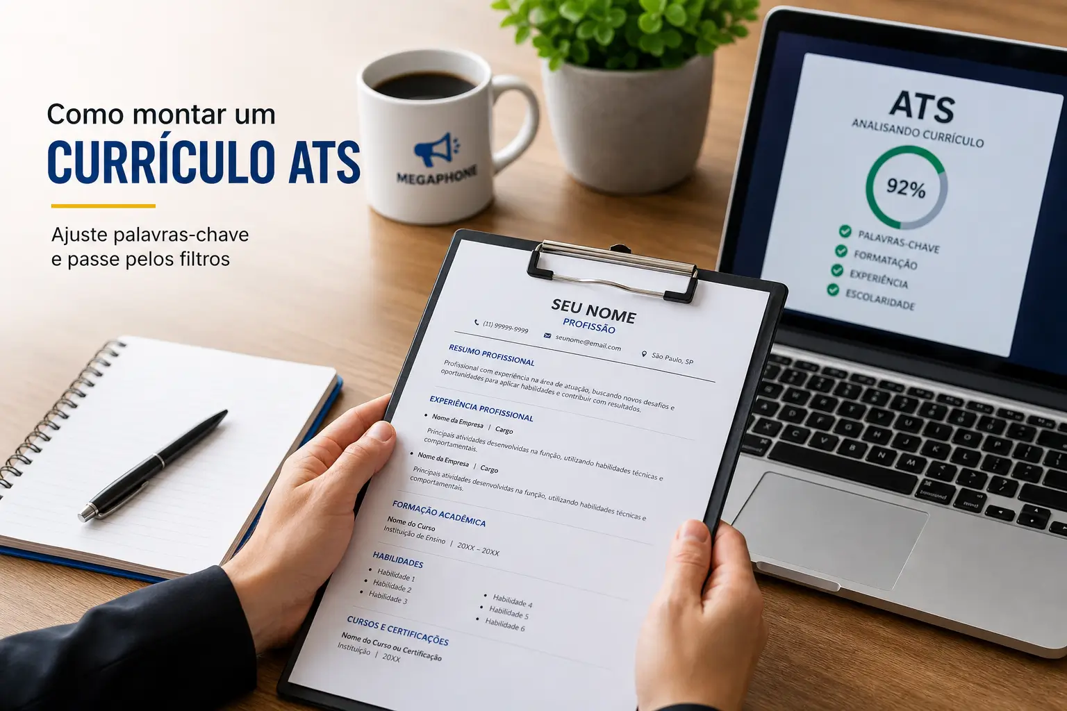 Pessoa segura currículo com 92% compatibilidade no ATS