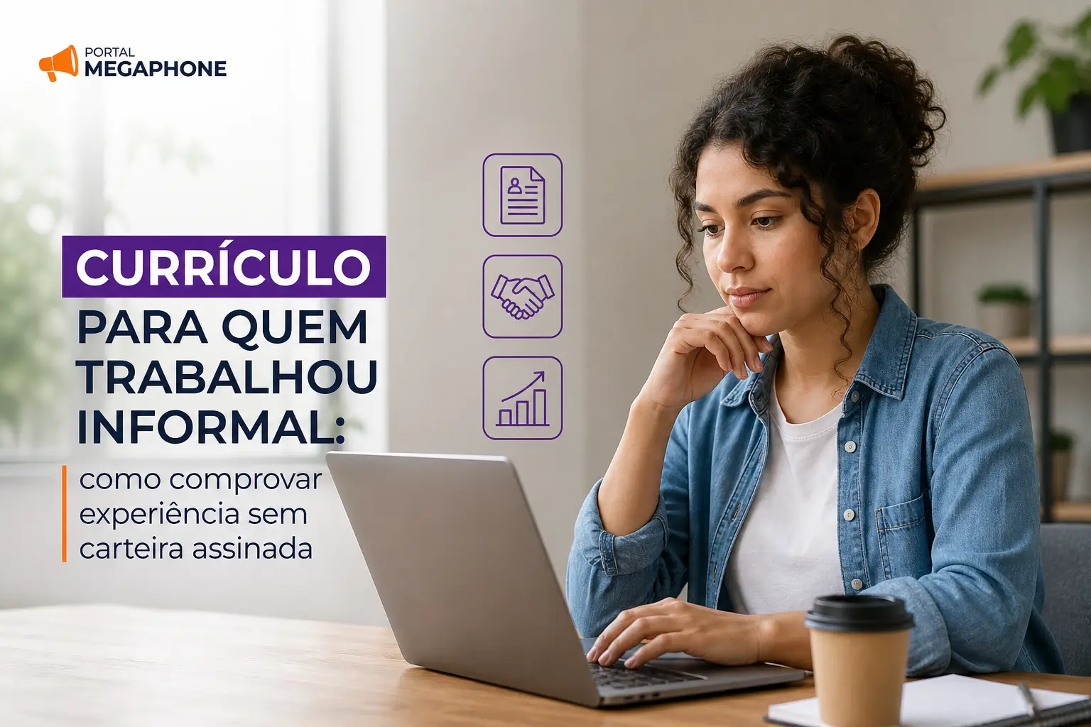 Mulher pensando, trabalhando em laptop, currículo informal