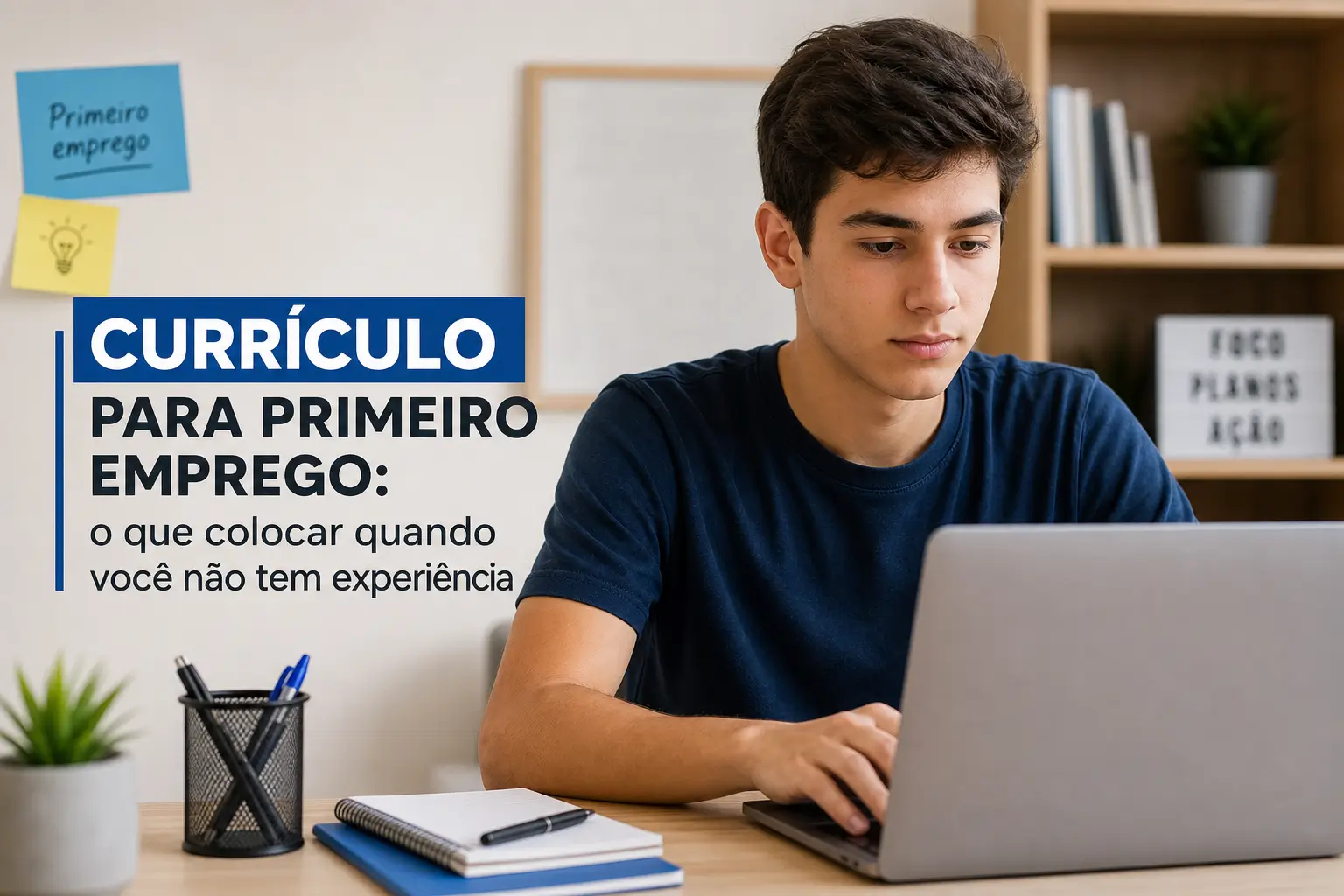 Estudante em mesa com currículo para primeiro emprego