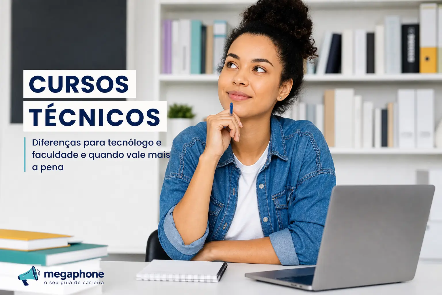 Mulher jovem com laptop em biblioteca moderna, cursos técnicos