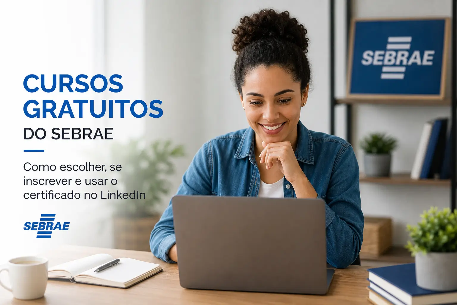 Mulher sorridente com laptop em cursos gratuitos SEBRAE