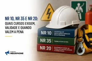 Capacete branco sobre livros NR 10, NR 35 e NR 20 com cinto de segurança
