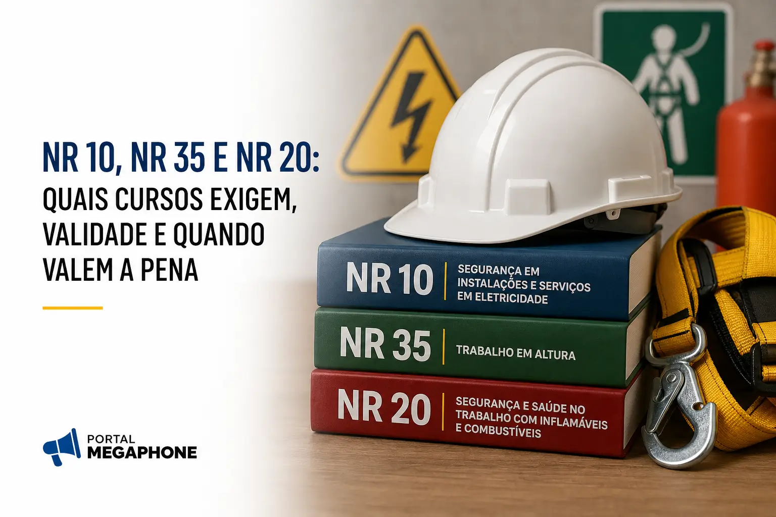 Capacete branco sobre livros NR 10, NR 35 e NR 20 com cinto de segurança
