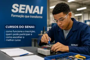 Estudante do SENAI ajustando dispositivo eletrico em laboratório