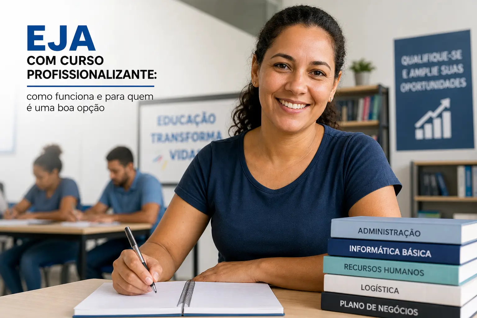 Mulher sorridente em sala de aula com livros de educação profissionalizante