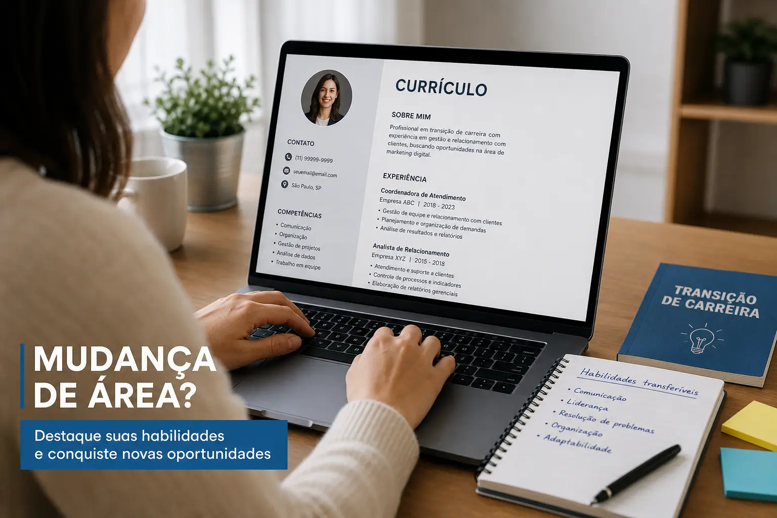Pessoa ao computador com CV digital e notebooks de habilidades