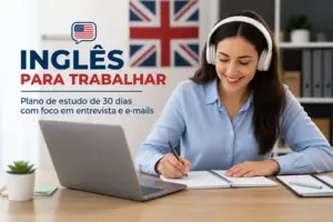 Mulher sorrindo usando fones trabalha no laptop com texto "Inglês para Trabalhar","Plano de estudo"