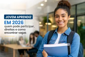 Jovem com mochilas e cadernos no campus, texto sobre Aprendiz 2026