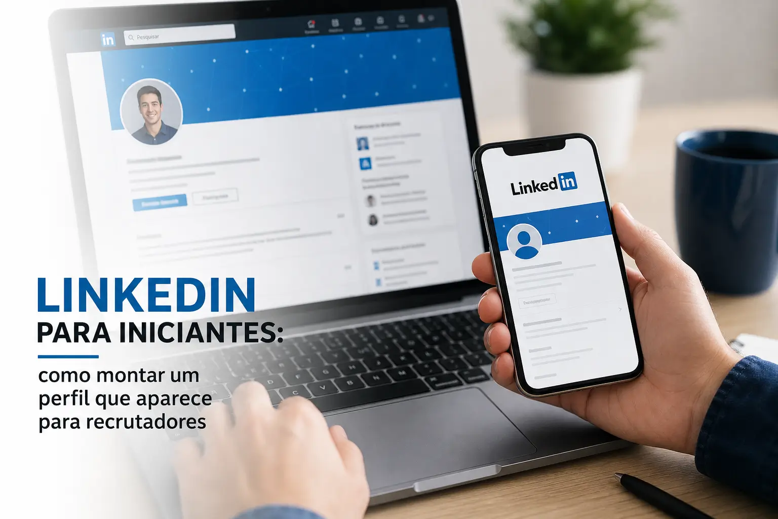 Pessoa com smartphone no LinkedIn e laptop com perfil visível