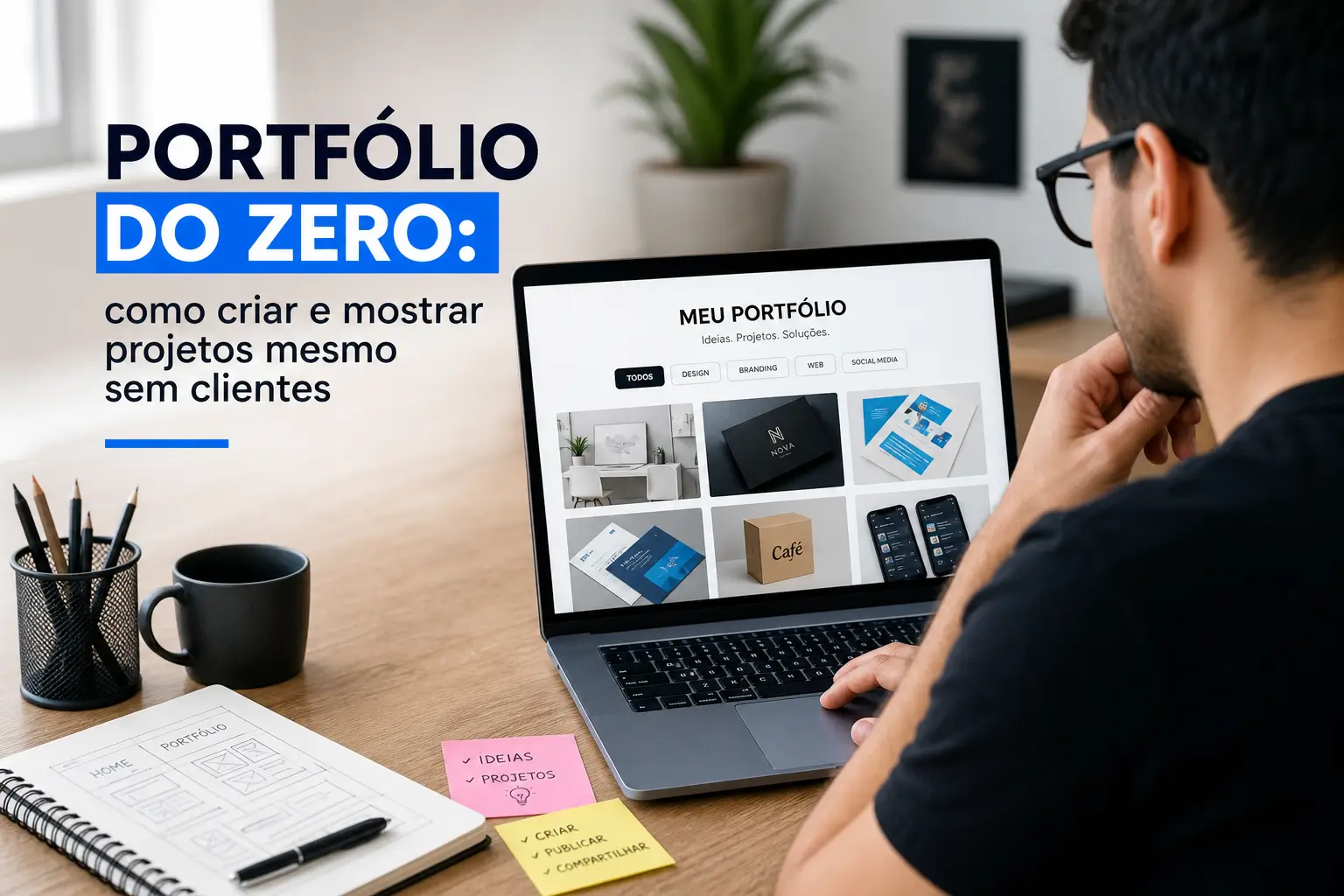 Homem com notebook e texto 'PORTFÓLIO DO ZERO' em destaque