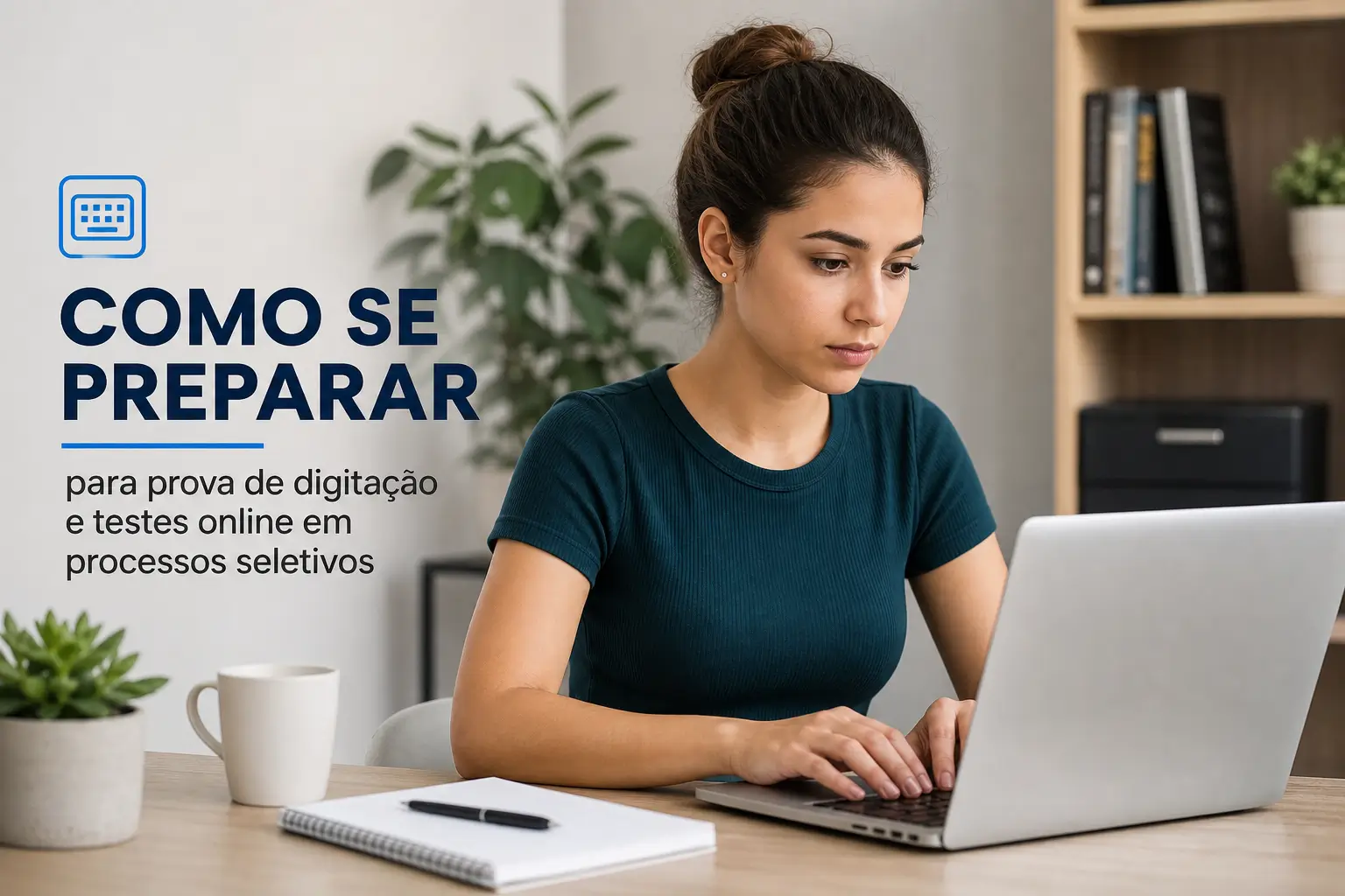 Mulher digitando em laptop sobre 'COMO SE PREPARAR' para testes