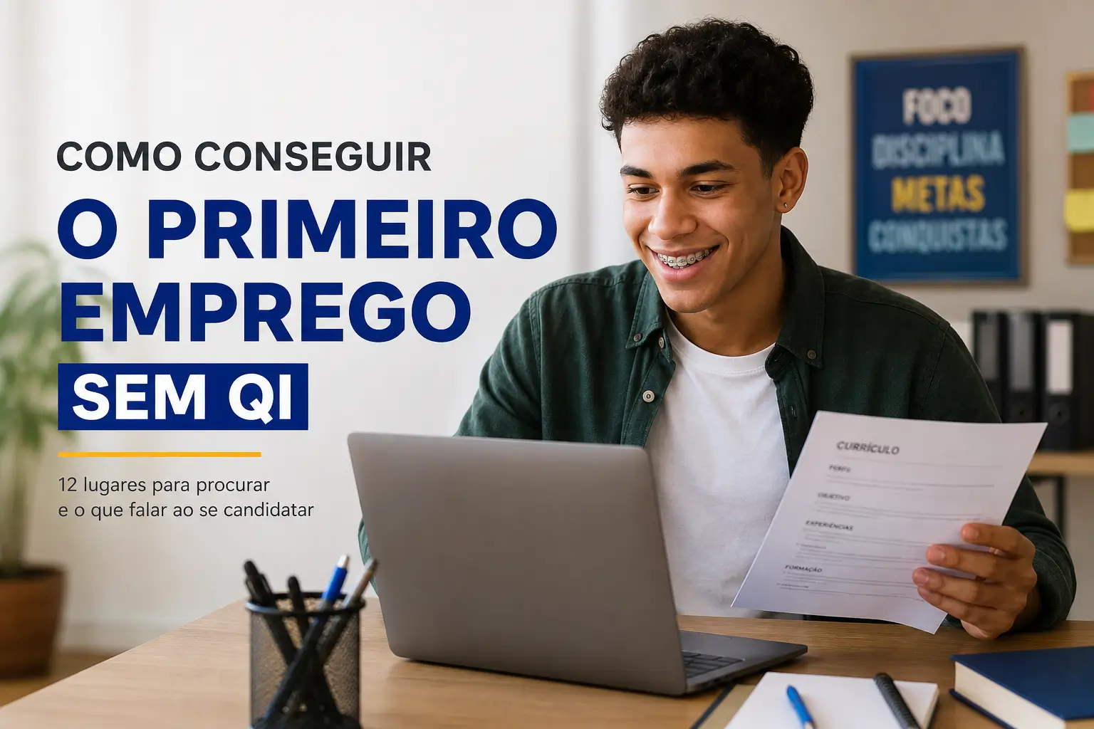 Jovem analisando currículo em busca do primeiro emprego