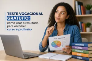 Mulher jovem com teste vocacional e livros em Português